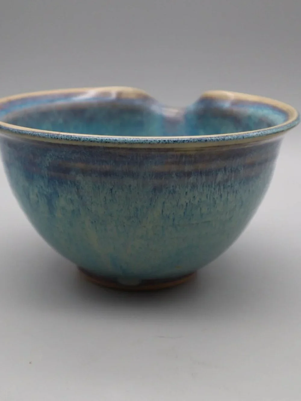 Small Studio Art Pottery Mixing Batter Bowl w/ Spout Blue Drip Glaze Signed AD